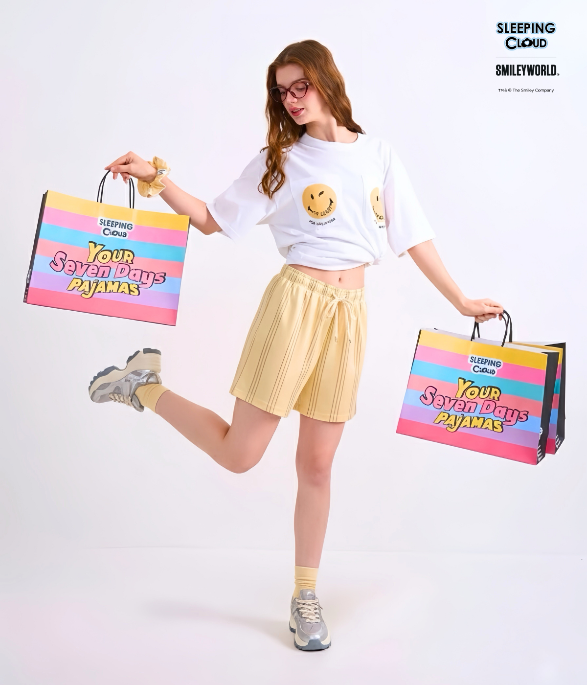 139 Braless T-Shirt set, White T-Shirt + Shorts : Yellow - Image 1