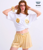 Braless T-Shirt set, White T-Shirt + Shorts : Yellow - Image 2