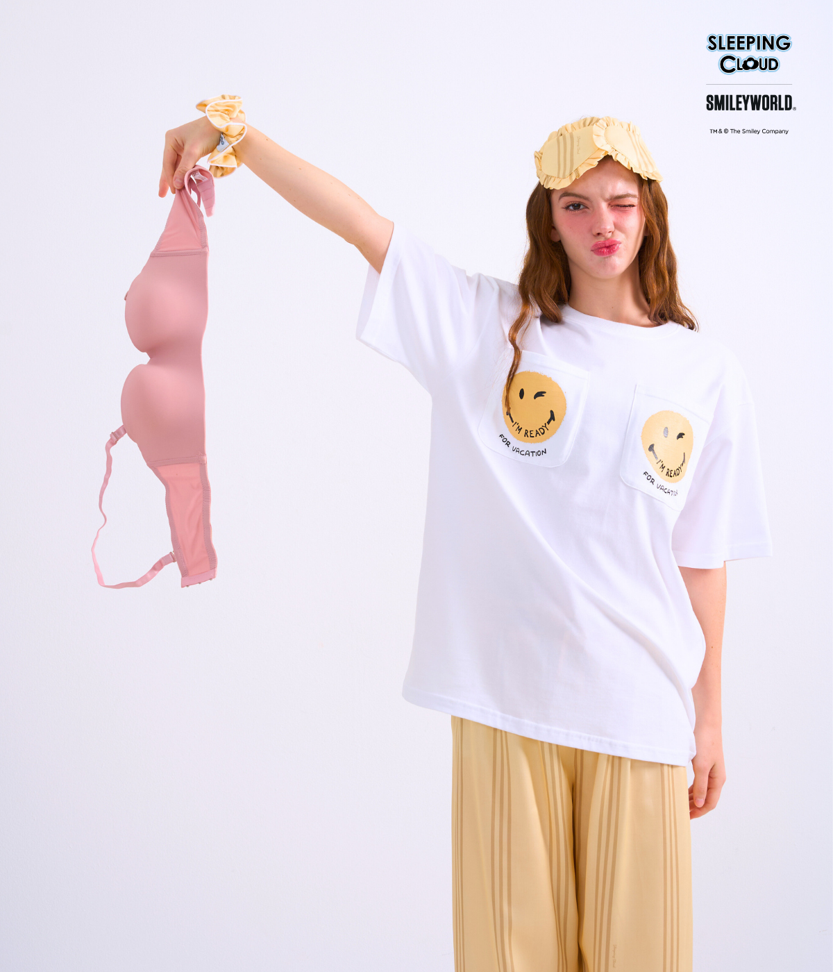 144 Braless T-Shirt set, White T-Shirt + Pants : Yellow - Image 1