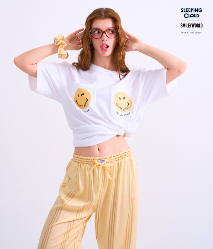 Braless T-Shirt set, White T-Shirt + Pants : Yellow - Image 5