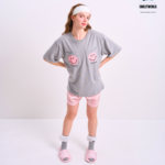 Braless T-Shirt set, Gray T-Shirt + Shorts : Pink