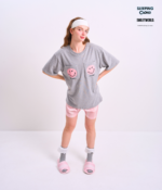 Braless T-Shirt set, Gray T-Shirt + Shorts : Pink