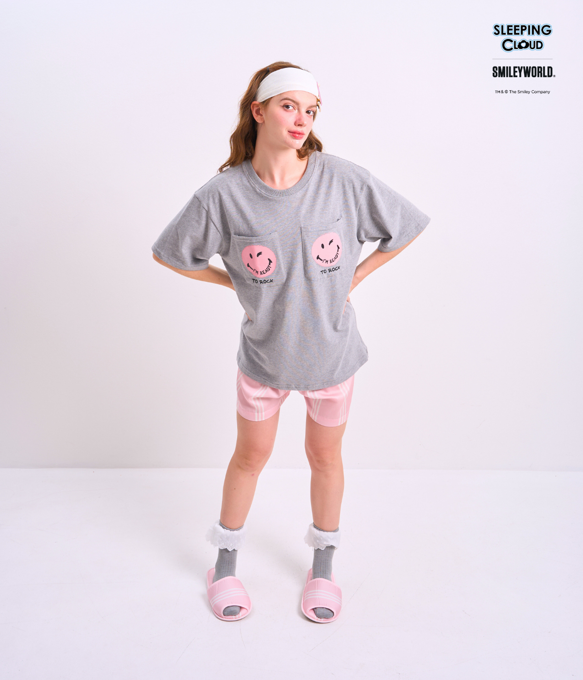 151 Braless T-Shirt set, Gray T-Shirt + Shorts : Pink - Image 1