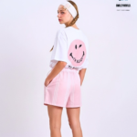 Braless T-Shirt set, White T-Shirt + Shorts : Pink