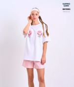 Braless T-Shirt set, White T-Shirt + Shorts : Pink - Image 2