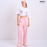 Braless T-Shirt set, White T-Shirt + Pants : Pink