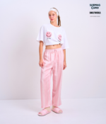 Braless T-Shirt set, White T-Shirt + Pants : Pink