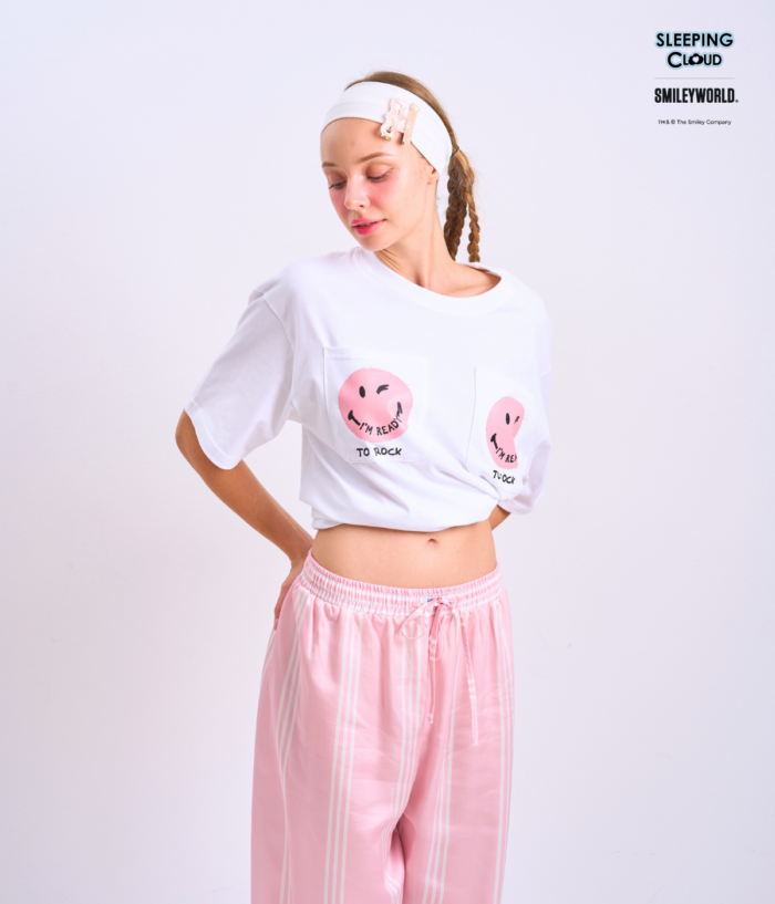 Braless T-Shirt set, White T-Shirt + Pants : Pink - Image 2