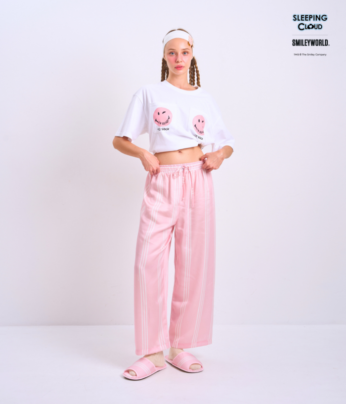Braless T-Shirt set, White T-Shirt + Pants : Pink - Image 5