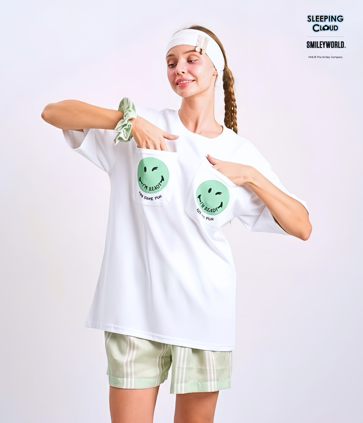 175 Braless T-Shirt set, White T-Shirt + Shorts : Green - Image 1