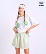 Braless T-Shirt set, White T-Shirt + Shorts : Green - Image 3