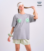 Braless T-Shirt set, Gray T-Shirt + Shorts : Green