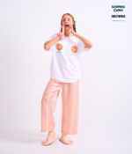 Braless T-Shirt set, White T-Shirt + Pants : Orange - Image 2
