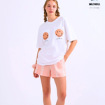 Braless T-Shirt set, White T-Shirt + Shorts : Orange