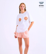 Braless T-Shirt set, White T-Shirt + Shorts : Orange