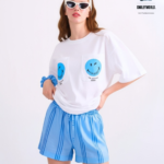 Braless T-Shirt set, White T-Shirt + Shorts : Blue