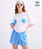 Braless T-Shirt set, White T-Shirt + Shorts : Blue