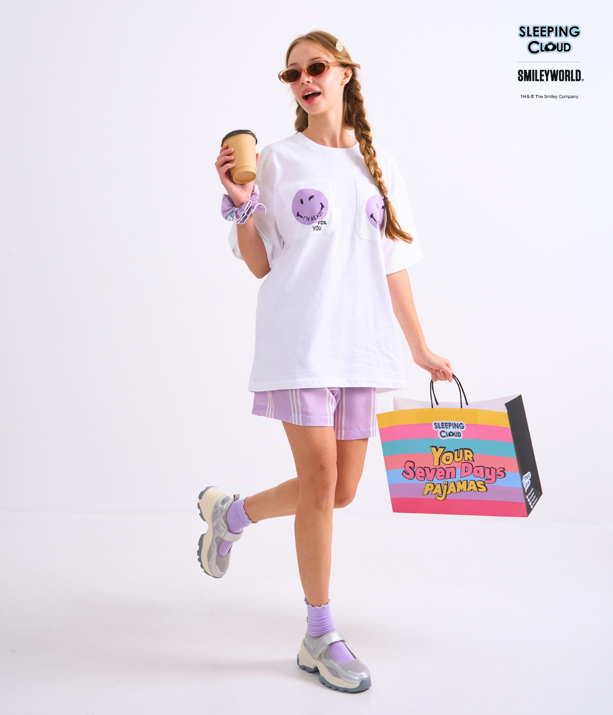237 Braless T-Shirt set, White T-Shirt + Shorts : Purple - Image 1