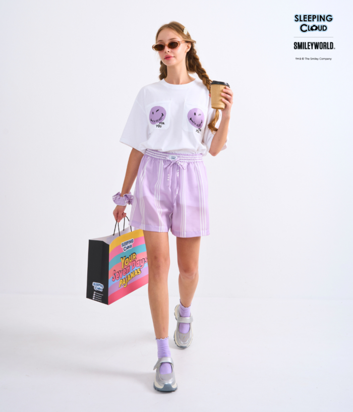 Braless T-Shirt set, White T-Shirt + Shorts : Purple - Image 3