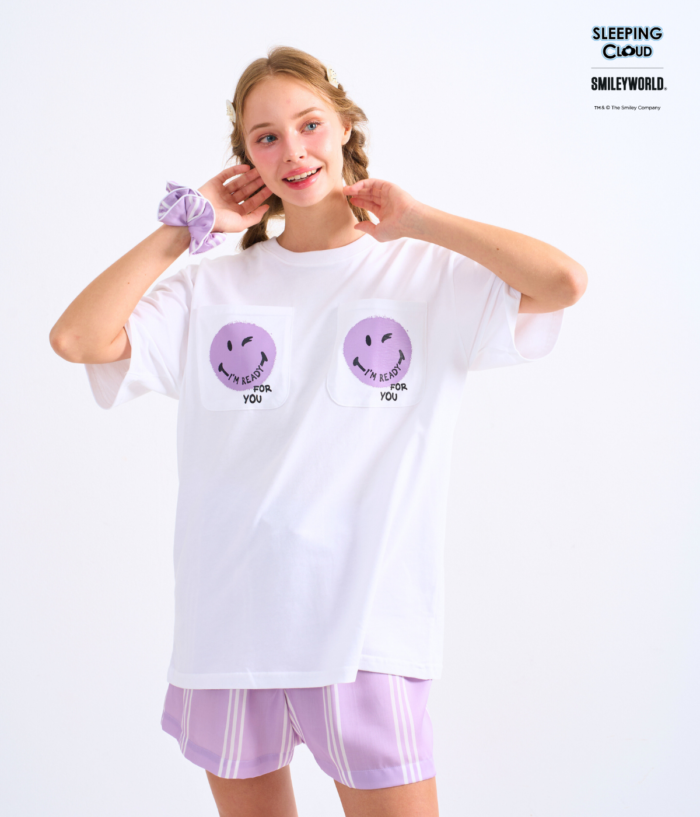 Braless T-Shirt set, White T-Shirt + Shorts : Purple - Image 4