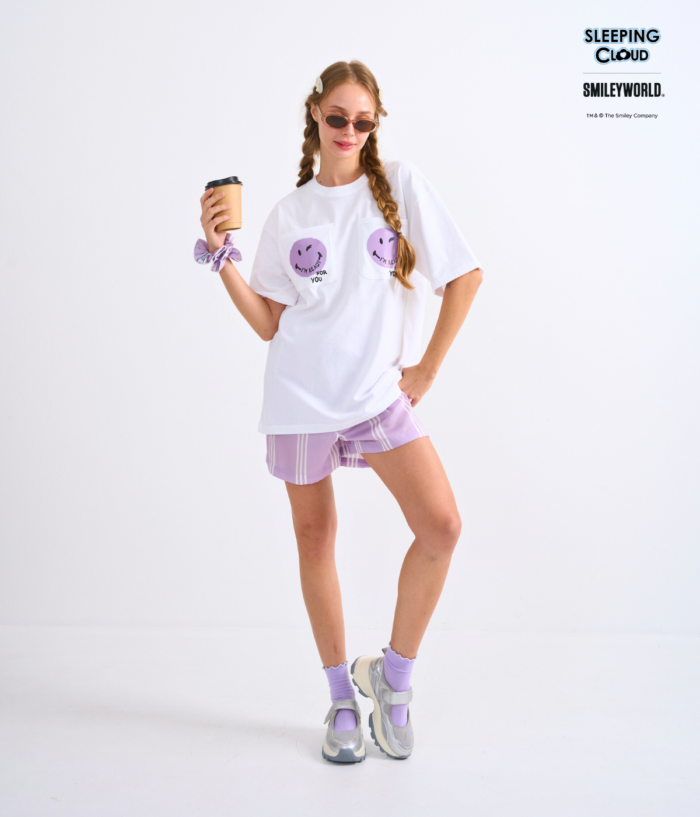 Braless T-Shirt set, White T-Shirt + Shorts : Purple - Image 6