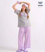 Braless T-Shirt set, Gray T-Shirt + Pants : Purple - Image 2