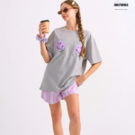 Braless T-Shirt set, Gray T-Shirt + Shorts : Purple