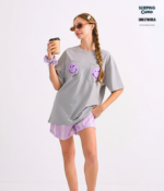 Braless T-Shirt set, Gray T-Shirt + Shorts : Purple