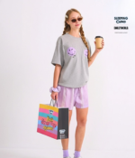 Braless T-Shirt set, Gray T-Shirt + Shorts : Purple - Image 3
