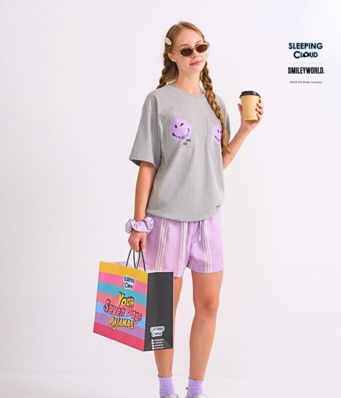 Braless T-Shirt set, Gray T-Shirt + Shorts : Purple - Image 3