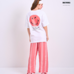 Braless T-Shirt set, White T-Shirt + Pants : Red
