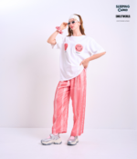 Braless T-Shirt set, White T-Shirt + Pants : Red - Image 2