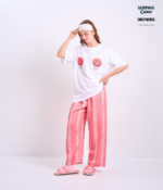 Braless T-Shirt set, White T-Shirt + Pants : Red - Image 4