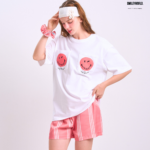 Braless T-Shirt set, White T-Shirt + Shorts : Red